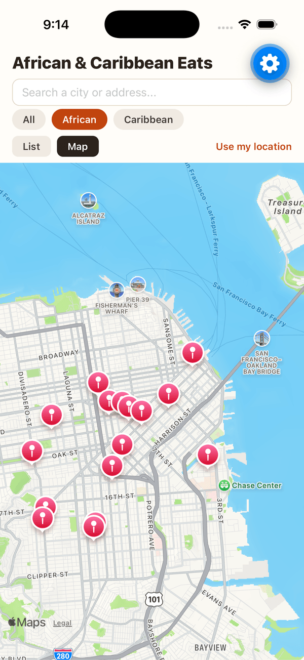 Afro-Carib Eats map view showing nearby restaurants